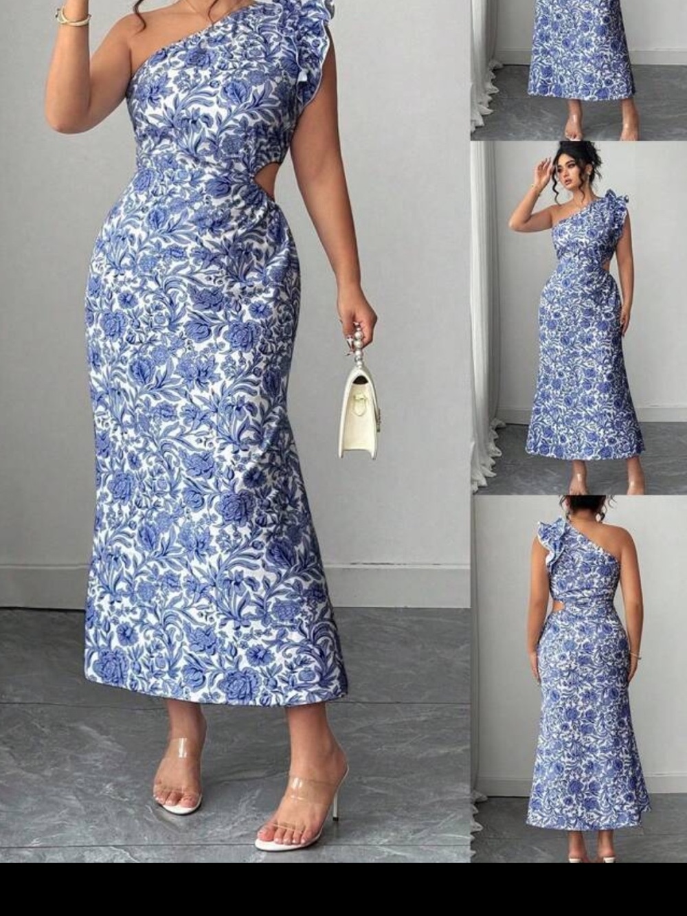 One-Shoulder Blue Floral Cutout Midi Dress